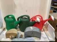 (3) PLASTIC WATERING CANS & (2) HOSE HANGERS