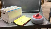 BOX OF HANGING FILE FOLDERS + CURLING ROCK HAT