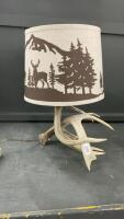 TABLE LAMP W/ ANTLER BASE AND FOREST/DEER MOTIF SHADE