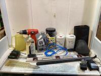 SHOP BOX OF MISC W/ BUNGEE CORDS, BLACK & DECKER DRILL, 10W-30, KNEE PADS & SCREW DRIVERS