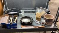 (2)BOXES- CROCKPOT LINER +LID, KNIVES + BLOCK, TOASTER, (2)FRYPANS, DISH RACK