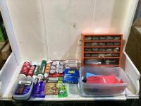SHOP BOX OF MISC W/ VARIOUS CAULKING GUNS, ANT TRAPS, RAID MOSQUITO COILS, METAL ORGANIZER, GLOVE & SUPER GLUE