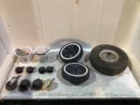 SHOP BOX W/ ASSORTED WHEELS & MISC