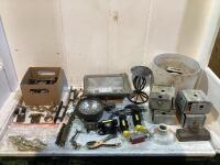 SHOP BOX OF MISC W/ LIGHTS, STUBBY HAMMERS, HINGES, HEAD LAMP & SWITCH