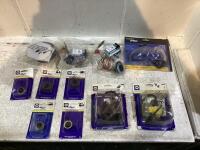 SHOP BOX OF MISC W/ SAFETY GLASSES, FLYWHEEL, FOAM POLISHING PAD, FRYMASTER & STARTER GEAR