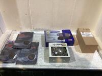 SHOP BOX W/ (3) TITAN PROTECTION GLOVES, NAPA SILENT GUARD DISC BRAKE PADS, DV AIR-OIL SEPARATOR & JETCO LENS