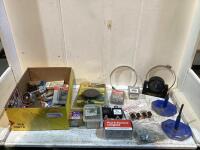 SHOP BOX OF MISC W/ CLOCK, WASHERS, SCREW, NAILS, COUPLER LOCK AND STAPLES