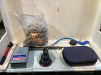 SHOP BOX W/ GLOVES, MASTERCRAFT HAWKEYE LEVEL, INGERSOLL RAND RANDOM ORBITAL SANDER & MISC