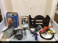 SHOP BOX W/ AIR SPRAY GUNS, HOSE, PAPER ORGANIZER, GAS HOSE & GRINDING ATTACHMENT