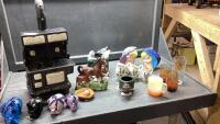 BOX OF KNICK KNACKS - HORSE FIGURINE, OLD COOKSTOVE, ANGELS