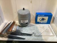 SHOP BOX W/ ASSORTED SHELF BRACKETS, PRESSURIZED EXPANSION TANK & AIR PUMP