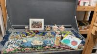 (2) FLATS W/ A SMALL SWAN TAPESTRY, BIRD ORNAMENTS, MINI TEA POTS, ANTIQUE GUIDE MAGAZINES