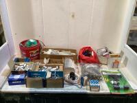 SHOP BOX W/ ASSORTED SCREWS, HOOKS, ELETRICAL PARTS, TIRE REAMER, CABLE STAPLES & MISC