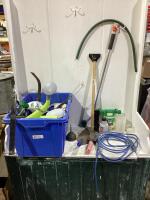 TOTE OF MISC W/ EXTENSION CORD, POT, WOODEN BRUSH, OIL CAN, WATERING CAN, GARDEN TROWEL