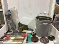 BUCKET OF MISC W/ BOW & HAND SAWS, PAINT ROLLER, OIL CAN, SAND PAPER, GLOVES & MISC