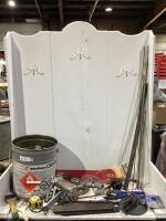 SHOP BOX OF MISC W/ SAFETY GLASSES, WELDING RODS, DRILL BITS, WRENCHES, TAPE MEASURE & SCRAPER