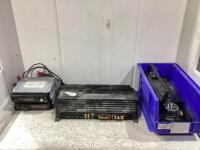 SHOP TOTE W/ WIRING, CAR DVD PLAYERS, BOOSTER CABLE, SPEAKERS, POWER AMPLIFIER & MISC