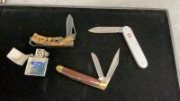 (3) JACKKNIVES & ZIPPO LIGHTER -(1) IS A VICTORINOX SWISS MADE KNIFE