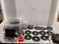 SHOP BOX W/ (9) ASSORTED CUT-OFF WHEELS, (3) FLAP DISC, (1) GRINDING WHEEL, SCREWS, STRAIT-LINE, ORIGNAL VISE GRIPS & MISC