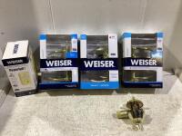 SHOP BOX OF WEISER LOCKS W/ (3) LEVER DOOR LOCKS, (1) DEAD BOLT LOCK & POWERBOLT SMARTKEY LOCK