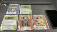 (5) PACKAGES W/ USED STAMPS & FUNNY MONEY
