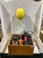 SHOP BOX W/ (3) SUBMERSIBLE PUMPS, CHAINS, FACE SHIELD & MISC