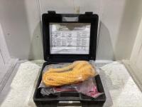 TOOL BOX OF MISC W/ BOOSTER CABLES, SCREW DRIVER, TOW ROPE, ELETRICAL TAPE & PLIERS