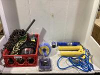 SHOP BOX W/ (3) CAULKING GUNS, 1/4" X 15' DRUM AUGER, VARIOUS HEAVY METAL CHAINS, EXTENSION CORD & MISC