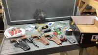 BOX WITH CAP GUNS , SLING SHOTS AND AMMO, METAL HORSE HEAD, FIDGET SPINNER