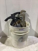 PAIL OF CLAMPS, 24" PIPE WRENCH, EXTENSION CORD, OIL CAN & MISC