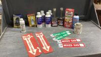 BOX OF SHOP FLUIDS - GAS ADDITIVE, OIL SUPPLEMENTS, ICE OFF,