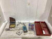 METAL TRAY W/ MAGNET, STEP DRILL, LAWSON PRODUCTS DRILL BITS 1/16", 1/4" BY 1/64" & MISC