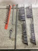 SHOP BOX W/ METRIC & SAE SOCKET SETS METRIC, RATCHET WRENCH, DRIVE WRENCH