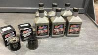 (6) 946 JUGS AMSOIL MOTORCYCLE ENGINE OIL + (2) MOTORCYLE FILTERS