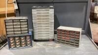 (4) ASSORTED BOLT BIN/ORGANIZERS WITH A FEW CONTENTS