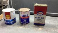 (3)PIECES - (2) ANTIQUE METAL SHELL + CO-OP ANTIFREEZE CANS + (1) ESSO GEAR OIL CAN