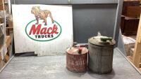 (2) ANTIQUE GAS CANS + &ldquo;MACK TRUCKS&rdquo; SIGN