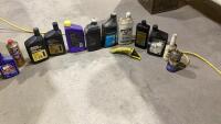 BOX OF SHOP FLUIDS + OIL CAN SPOUT