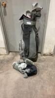 BLACK/GREY GOLF BAG W/ (10) CLUBS, CLUB HEAD COVERS, & NEW WOMEN&rsquo;S MED GLOVE