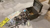 PORTER CABLE METAL CASE W/ LICENSE PLATES, BLOCK + TACKLES, PULLEY