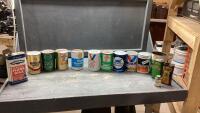 (2) FLATS OF VINTAGE OIL CANS + FLOOR WAX+MISC TINS