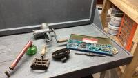 VINTAGE SPRAYER, TAP + DIE SET, MEAT GRINDER, CURRY COMBS