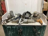TOTE OF BLACK & DECKER TOOLS W/ DRILL, CIRCULAR SAW 7-1/4", SANDING BELT, DRILL BIT SHARPENER, ANGLE GRINDER, RECIP SAW & CRAFTSMAN JIGSAW