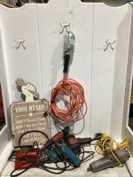 SHOP BOX W/ WRENCH IMPACT, (2) MAKITA DRILLS, (1) JIGSAW, (1) JOBMATE ROTARY TOOL, WORK LIGHT & MISC