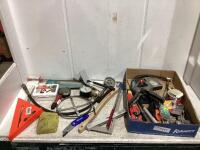 SHOP BOX OF MISC W/ WIRE BRUSH, GAUGES, DRILL BITS, LEVELS, BELT HOSE REPAIR KIT & BOX CUTTERS