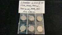 (6) CANADA GEO VI 5 CENT COINS - 1939/1940/1947ML/1947 NO ML/1949/1951