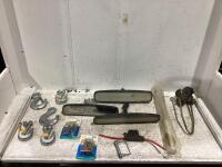 SHOP BOX OF MISC W/ GRAB HOOKS, SHELL SUPPORTS & REARVIEW MIRRORS