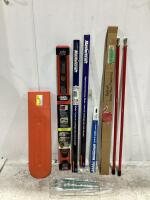 SHOP BOX W/ MASTERCRAFT BOWSAW BLADES, BLACK & DECKER LEVEL, BOLTON SNOW PLOW MARKERS & HUSQVARNA SCABBARD