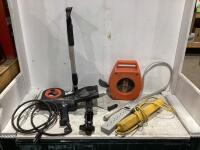 SHOP BOX W/ WORK LIGHTS, POWER STRIP, EXTENSION REELS, SUPER STRIPPER & TAPE MEASURE