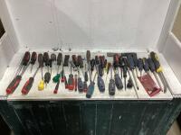 PAIL OF ASSORTED SCREWDRIVERS, STUBBY, SCRAPERS & MISC